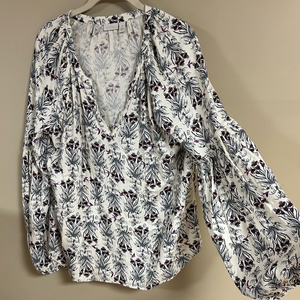 Hinge Multicolored Relaxed Tie Front Blouse with Long Sleeves